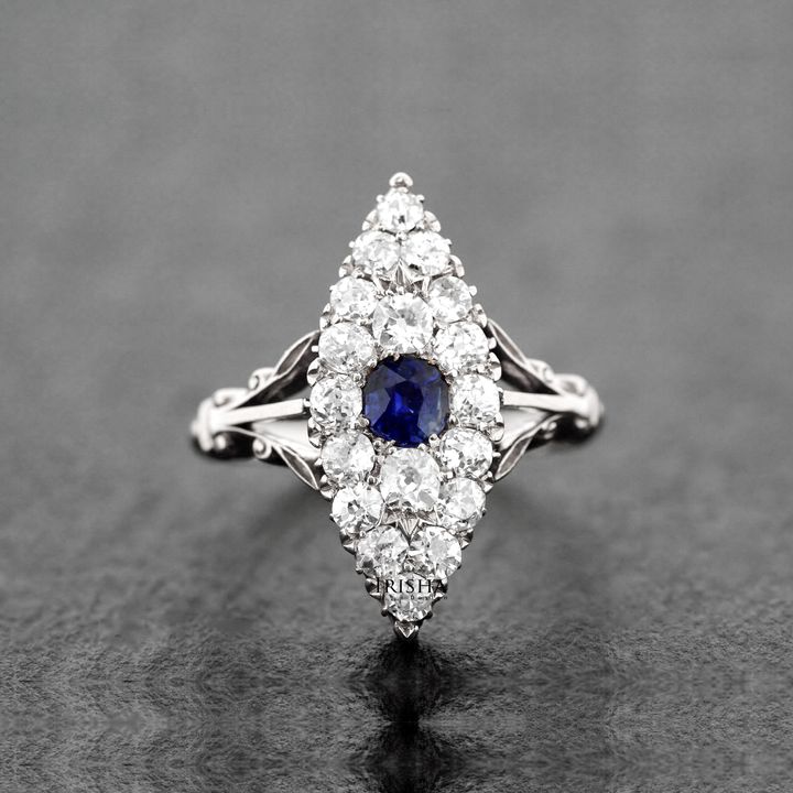14K Gold Genuine Diamond And Blue Sapphire Gemstone Vintage Ring Fine Jewelry