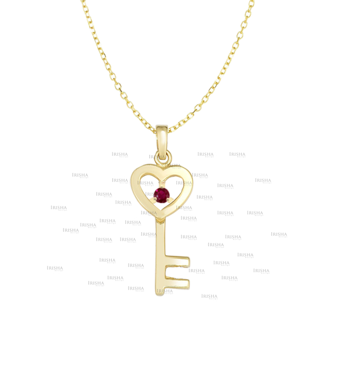 14K Gold 0.05 Ct. Genuine Ruby Heart Key Pendant Necklace Fine Jewelry