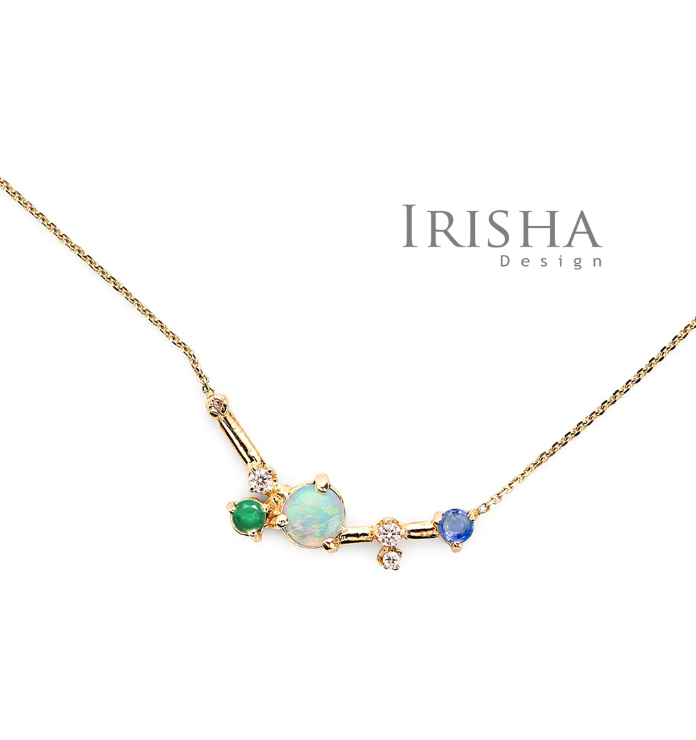14K Gold Genuine Diamond Opal Emerald Blue Sapphire Gemstone Pendant Necklace