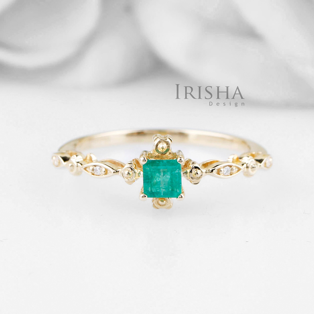 14K Gold Genuine Diamond And Square Shape Emerald Gemstone Art Deco Fine Ring