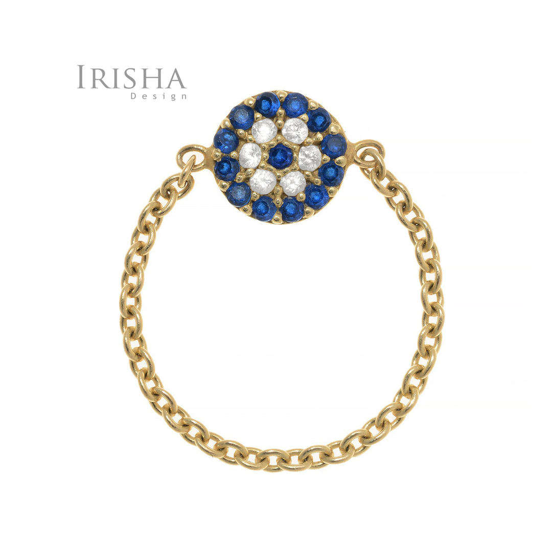 14K Gold Genuine Diamond And Blue Sapphire Gemstone Disc Chain Ring Fine Jewelry