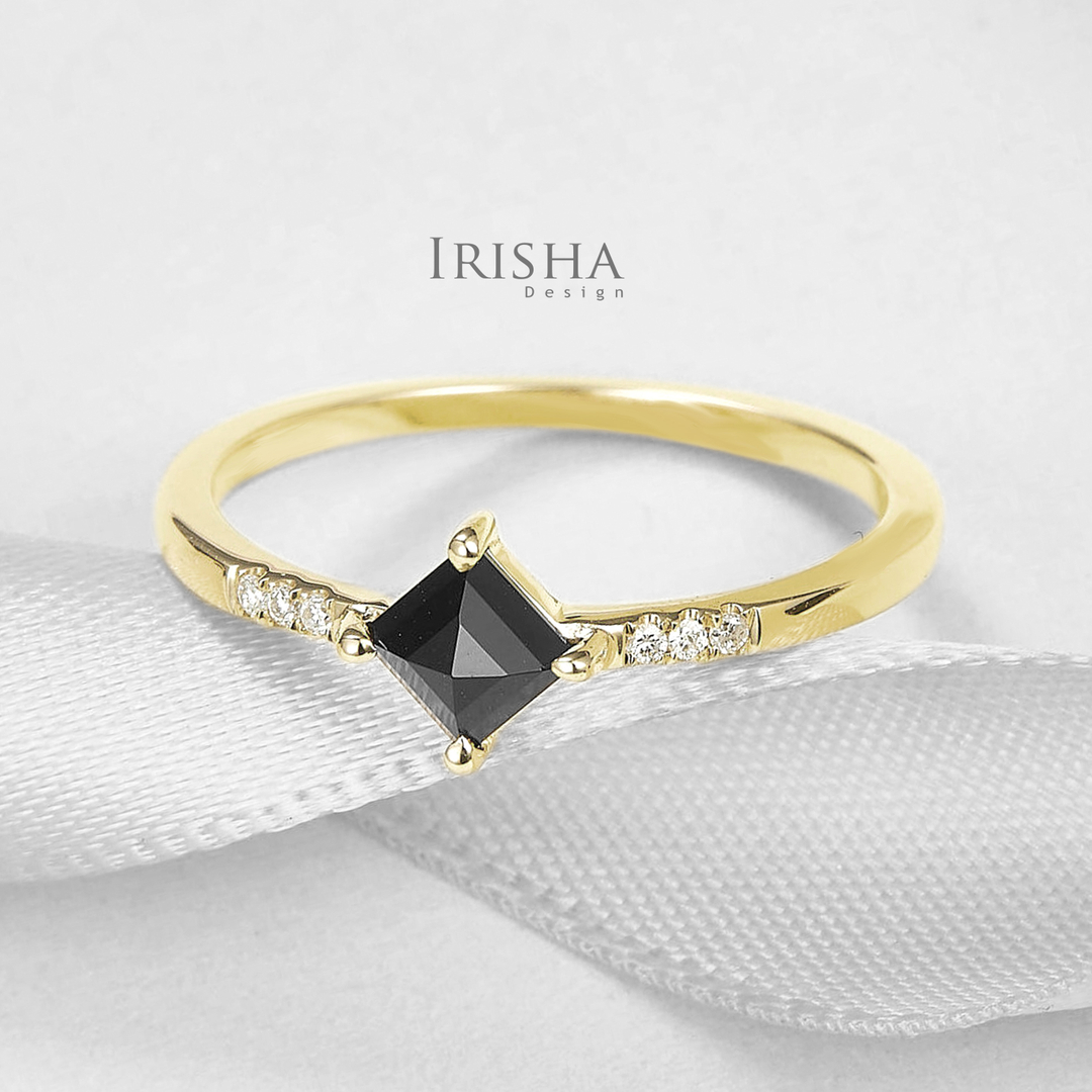 14K Gold 0.33 Ct. Genuine White And Square Shape Black Diamond Delicate Ring