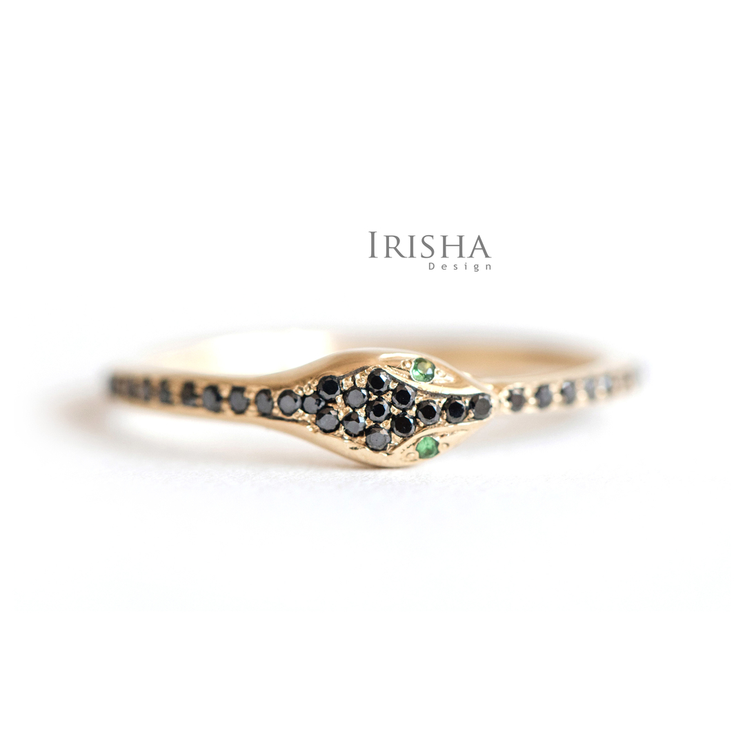 14K Gold Genuine Black Diamond-Emerald Gemstone Serpent Design Ring Fine Jewelry