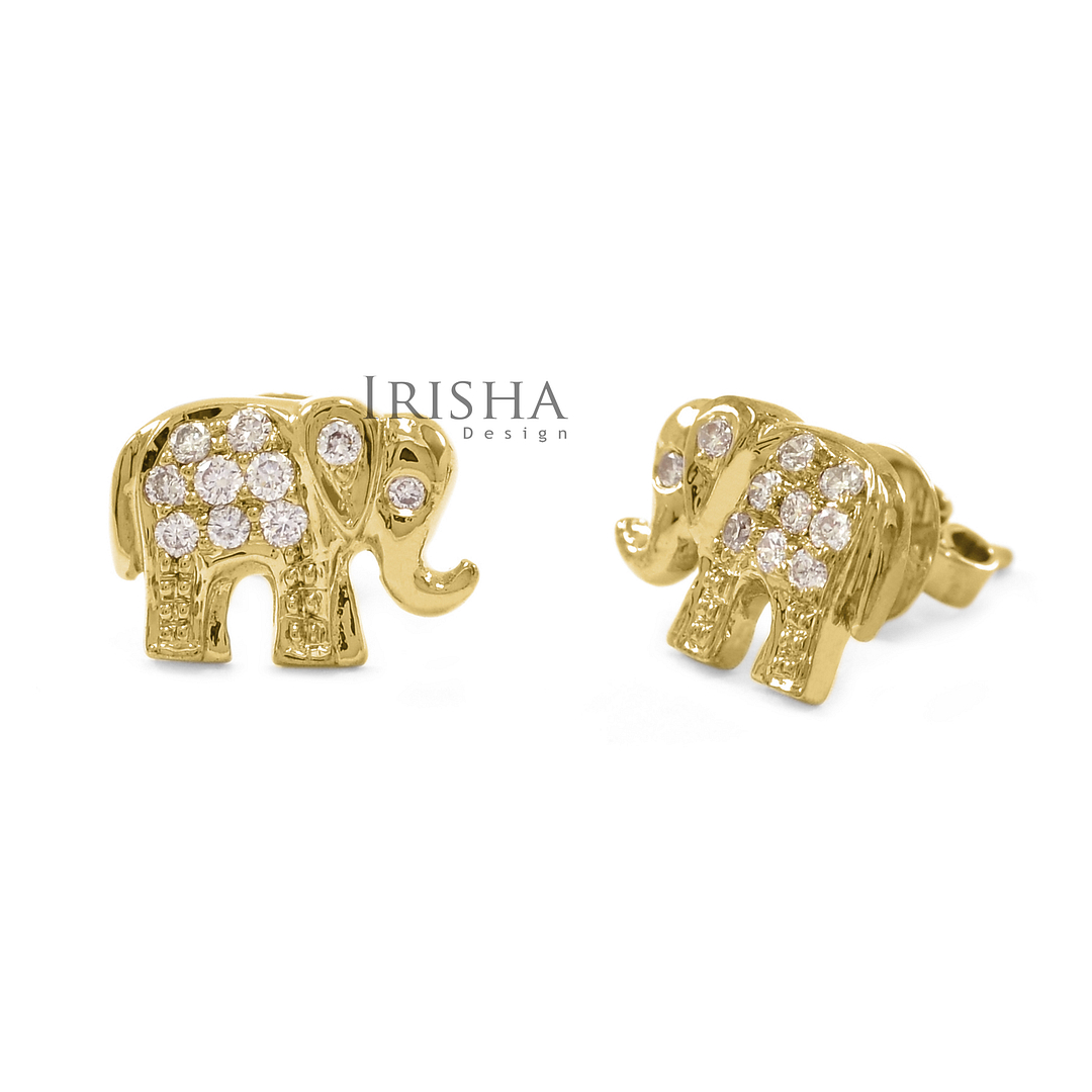 14K Gold 0.20 Ct. Genuine Diamonds Elephant Shape Earrings Handmade Fine Jewelry