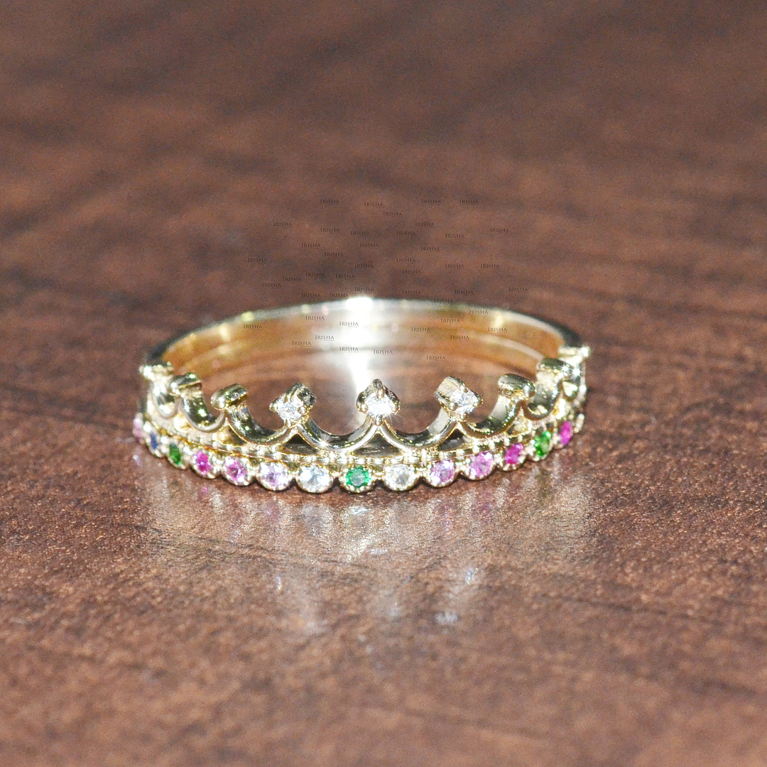 14K Gold Genuine Diamond And Multi Sapphire Crown Wedding Ring Fine Jewelry