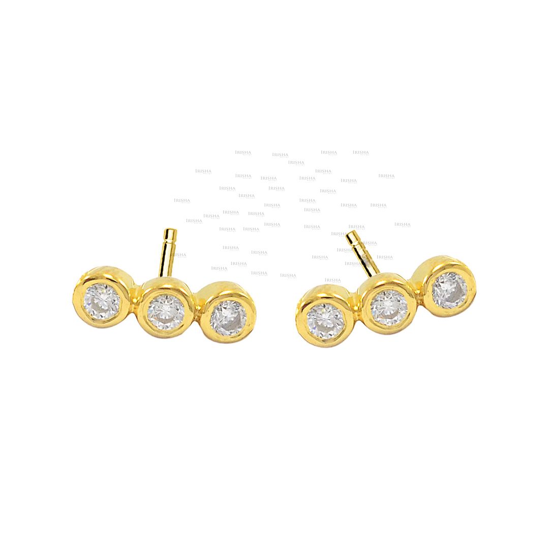 14K Gold 0.09 Ct. Natural Three Diamond 6 mm Round Stud Earrings Fine Jewelry