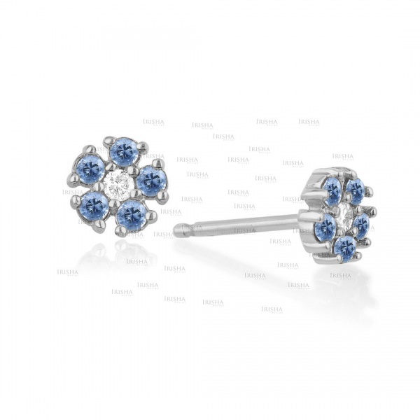 Genuine Diamond And Blue Sapphire Gemstone Floral 14K Gold Earrings Fine Jewelry