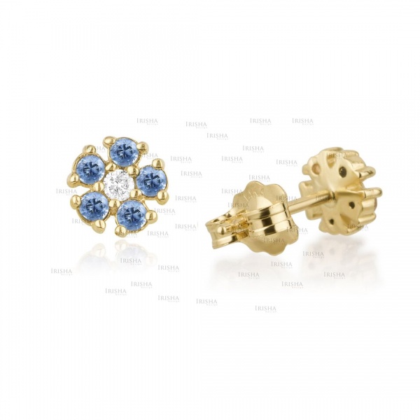Genuine Diamond And Blue Sapphire Gemstone Floral 14K Gold Earrings Fine Jewelry