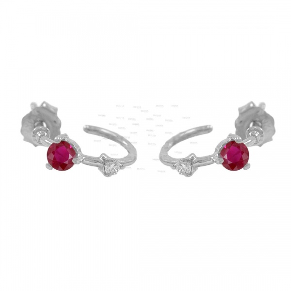 Genuine Diamond And Ruby Gemstone Woman's Hoop 14K Gold Earrings Fine Jewelry