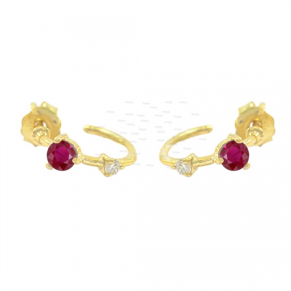 Genuine Diamond And Ruby Gemstone Woman's Hoop 14K Gold Earrings Fine Jewelry