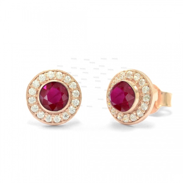 Genuine Diamond And Ruby Gemstone Round 8 mm Stud 14K Gold Earrings