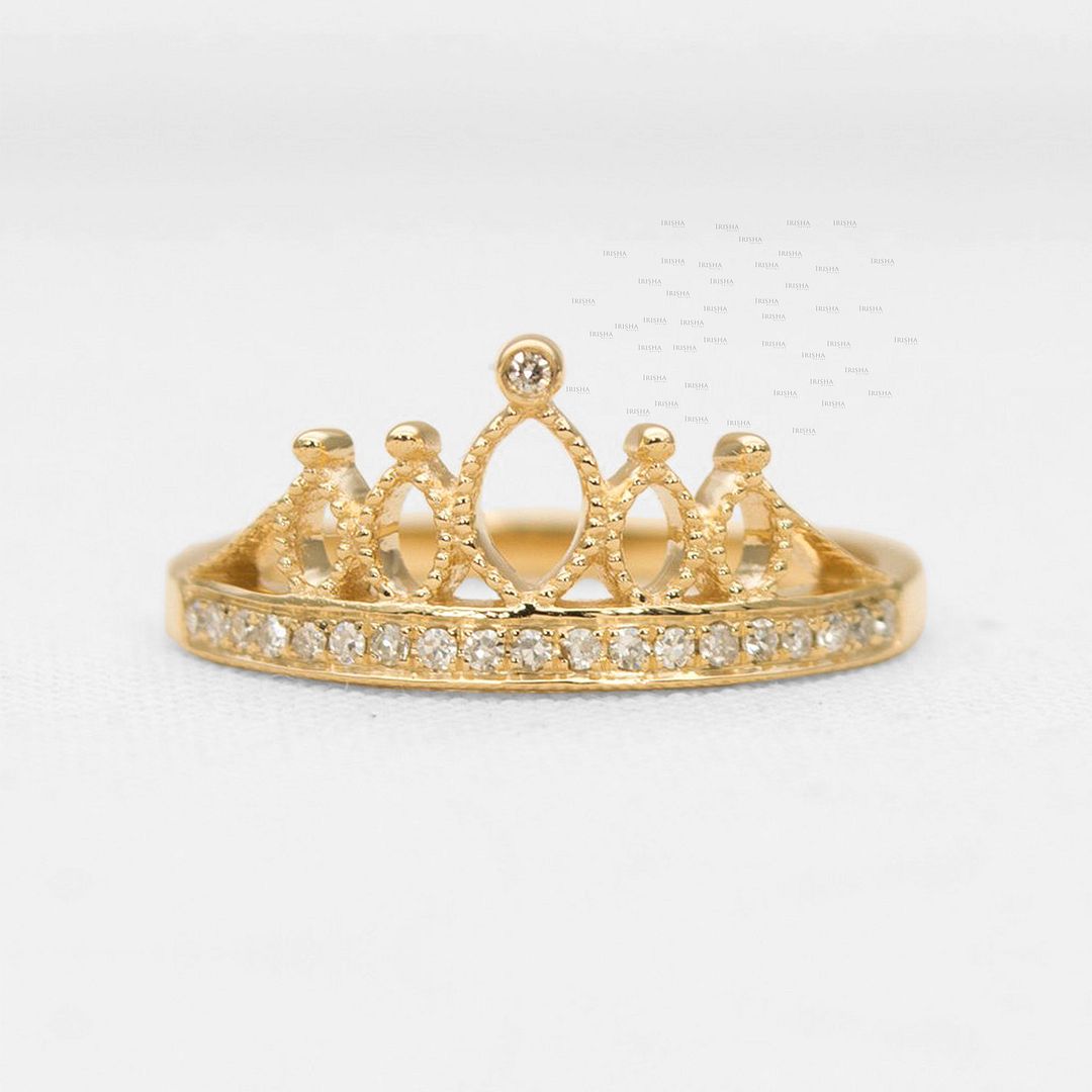 14K Gold 0.14 Ct. Genuine Diamond Crown Design Wedding Ring Fine Jewelry