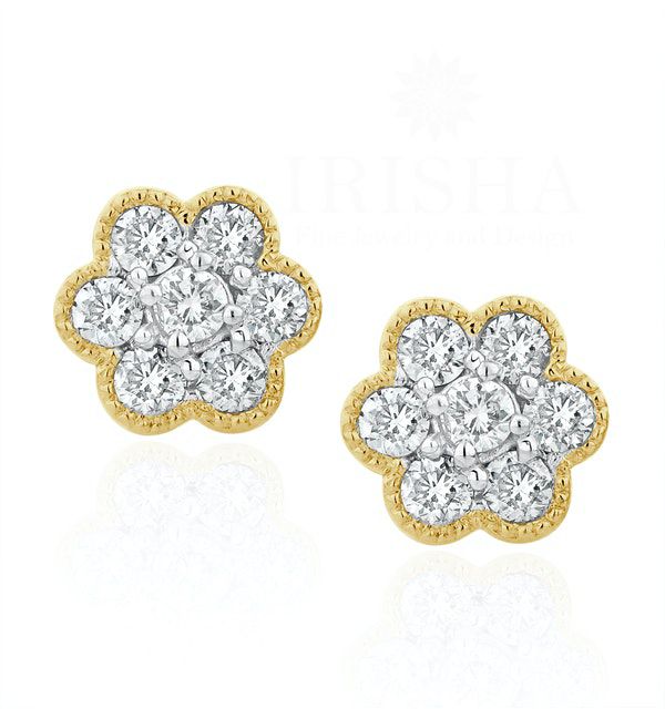 14K Yellow Gold 0.50 Ct. Genuine Diamond Cluster Flower Earrings Bridal Jewelry