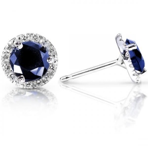 Blue Sapphire and Diamond Stud Earrings in 14k White Gold (1.50ct)