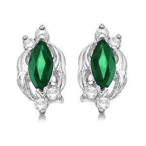 Marquise Emerald & Diamond Stud Earrings in 14K White Gold (0.62ct)