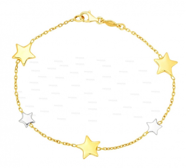 14K Gold Two Tone (Yellow & White) Shiny Star Chain Bracelet Christmas Jewelry