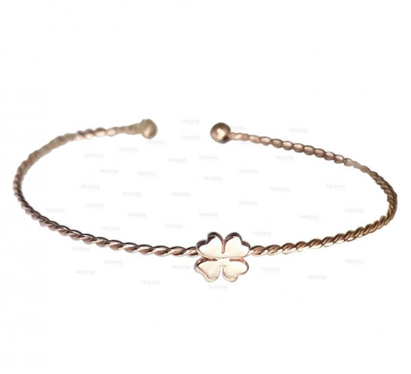 14K Gold Flower Charm Twisted Wire Handmade Cuff Bangle Bracelet Fine Jewelry