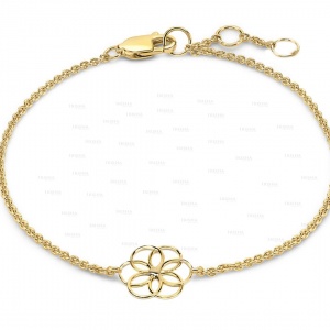 14K Gold Flower Of Life Charm Chain Bracelet Fine Jewelry Size-6.5 to 7.5" Wrist