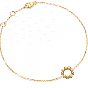 14K Solid Gold Beaded Circle Charm Minimalist Bracelet Fine Jewelry
