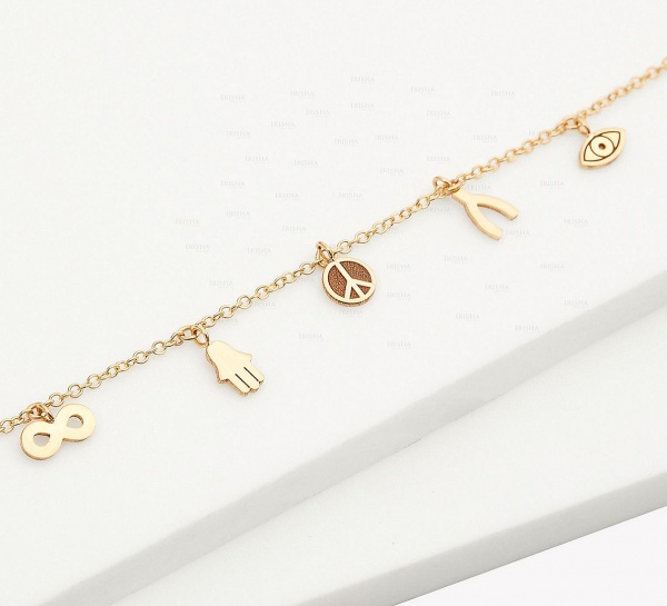 14K Gold Evil Eye Wishbone Infinity Knot Peace Sign Hamsa Luck Charms Bracelet