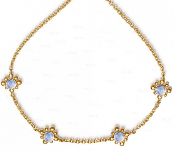 14K Gold 2.40 Ct. Genuine Rainbow Moonstone Four Flower Charm Bracelet Jewelry