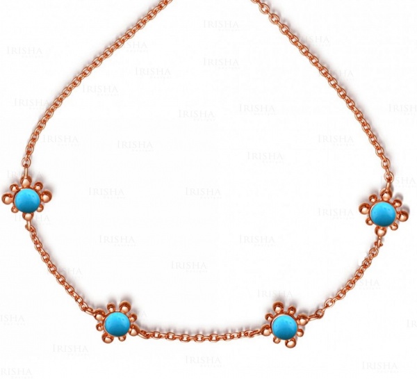 14K Gold 2.40 Ct. Genuine Turquoise Gemstone Four Flower Charm Bracelet Jewelry