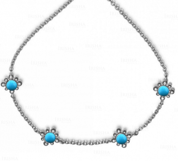 14K Gold 2.40 Ct. Genuine Turquoise Gemstone Four Flower Charm Bracelet Jewelry