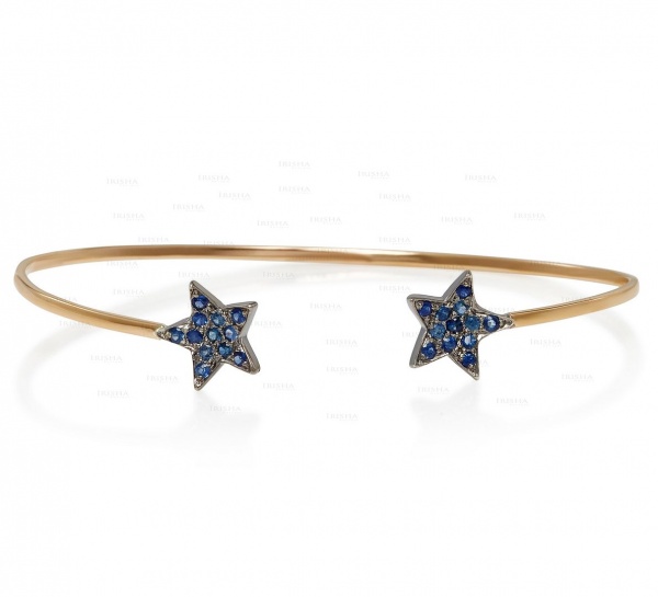 14K Gold 0.25 Ct. Genuine Blue Sapphire Gemstone Star Cuff Bangle Bracelet