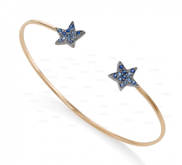 14K Gold 0.25 Ct. Genuine Blue Sapphire Gemstone Star Cuff Bangle Bracelet