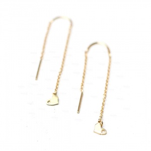 14K Solid Gold Bar And Heart Long Chain Threader Earrings Fine Jewelry