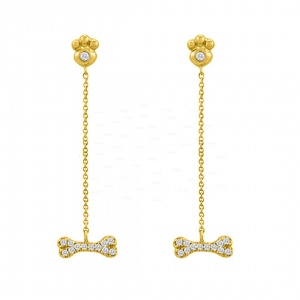 14K Gold 0.27 Ct. Genuine Diamond Paw Print Wishbone Dangling Chain Earrings