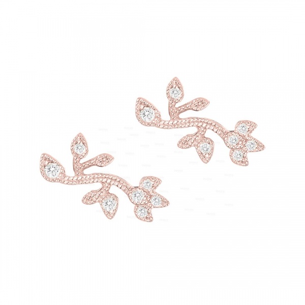 14K Gold 0.20 Ct. Genuine Diamond Milgrain Leaf Design Earrings Fine Jewelry