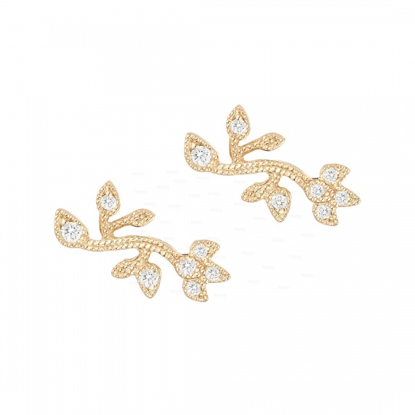 14K Gold 0.20 Ct. Genuine Diamond Milgrain Leaf Design Earrings Fine Jewelry