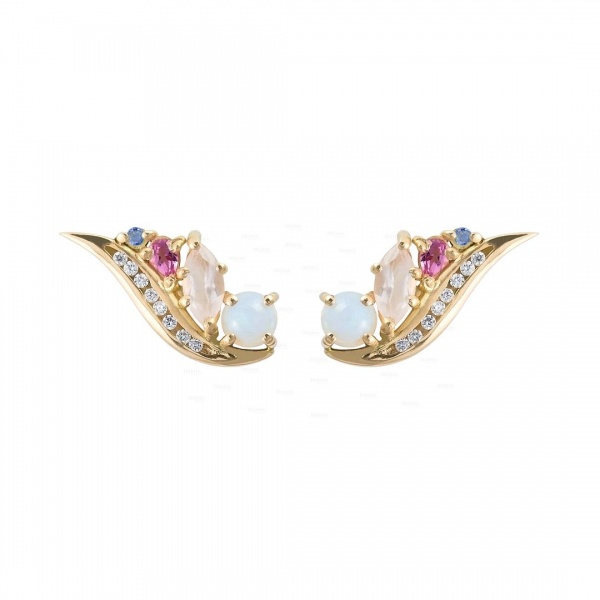 14K Gold Genuine Diamond And Multi Color Gemstone Phoenix Earrings Fine Jewelry