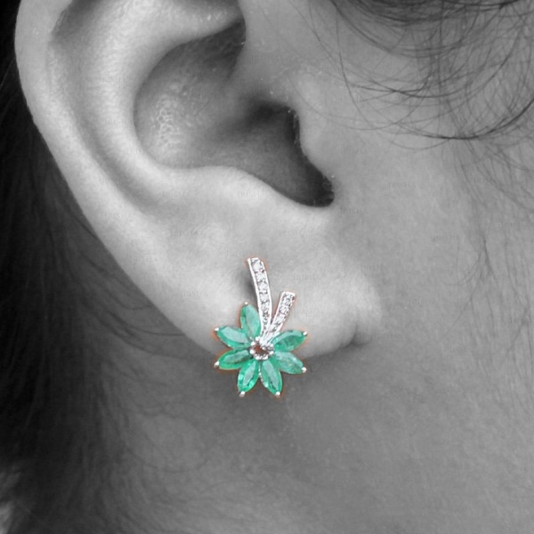 14K Gold Genuine Diamond And Emerald Gemstone Flower Design Earring Fine Jewelry