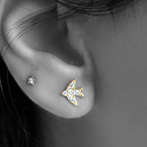 14K Gold 0.18 Ct. Genuine Diamond Eagle Bird Studs Earrings Fine Jewelry