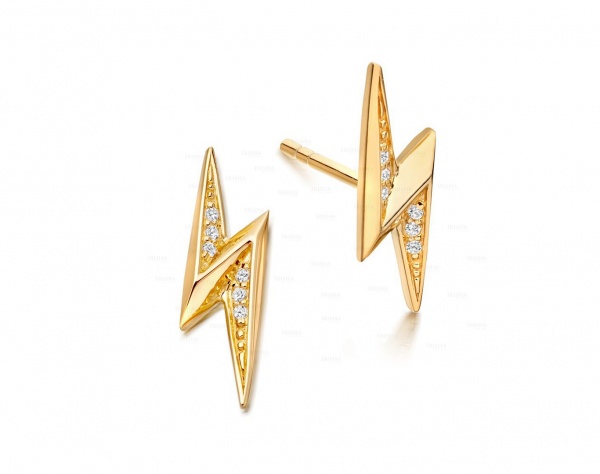 14K Gold 0.06 Ct. Genuine Diamond Lightning Bolt Studs Earrings Fine Jewelry