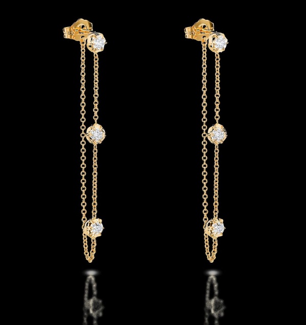 14K Gold 0.40 Ct. Genuine Three Diamond Drop Chain Wedding Earrings Fine Jewelry