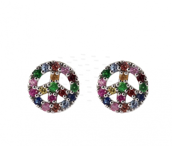 14K Gold 0.30 Ct. Multi Sapphire Gemstone Sign of Peace Earrings Fine Jewelry