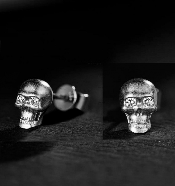14K Gold 0.15 Ct. Genuine Diamond Halloween Gift Skull Studs Earrings Jewelry
