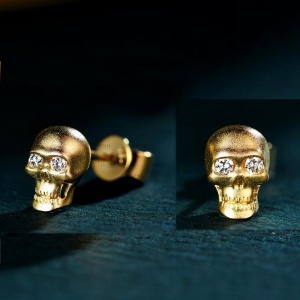 14K Gold 0.15 Ct. Genuine Diamond Halloween Gift Skull Studs Earrings Jewelry