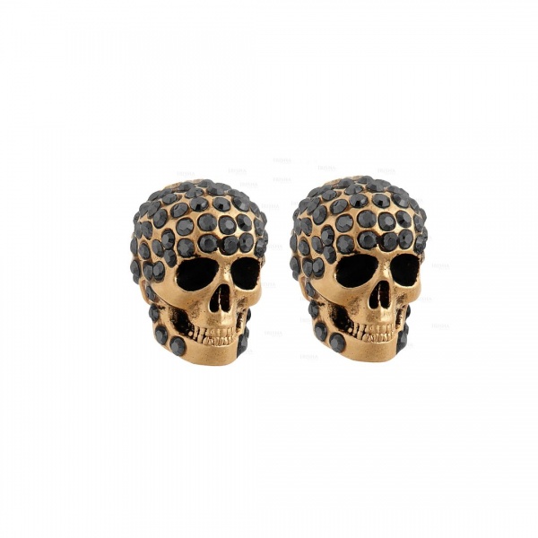 14K Gold 1.00 Ct. Black Diamond Handmade Halloween Gift Skull Studs Earrings
