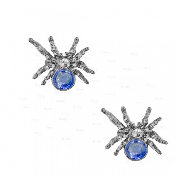 14K Gold Genuine Diamond-Blue Sapphire Spider Earrings Halloween Gift Jewelry