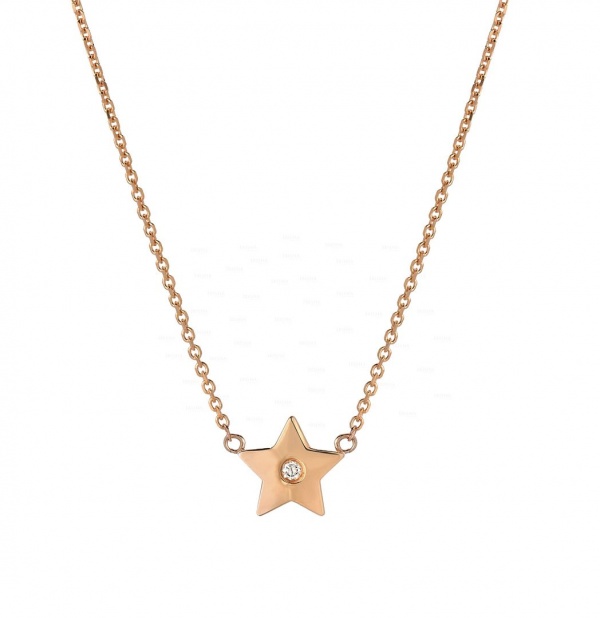 14K Gold 0.03 Ct. Genuine Diamond Star Shape Pendant Necklace Celestial Jewelry