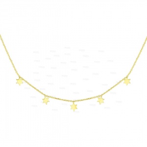 14K Solid Yellow Gold 17'' 5 Star Christmas Fine Necklace With Spring Ring Clasp