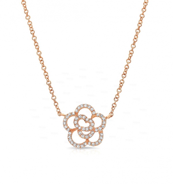14K Gold 0.27 Ct. Genuine Diamond Floral Pendant Necklace Birthday Fine Jewelry