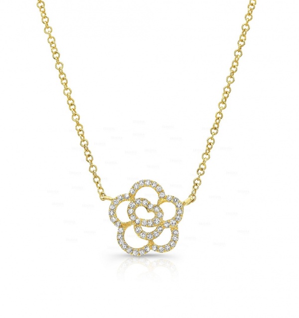 14K Gold 0.27 Ct. Genuine Diamond Floral Pendant Necklace Birthday Fine Jewelry