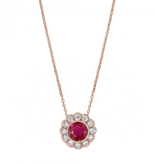 14K Gold Genuine Diamond And Ruby Gemstone Floral Pendant Necklace Fine Jewelry