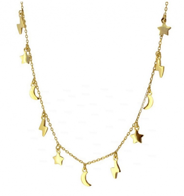 14K Solid Gold Moon Star Lightning Bolt Charms Choker Necklaces Fine Jewelry