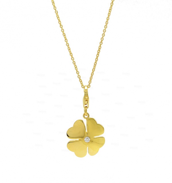 14K Gold 0.04 Ct. Genuine Diamond Floral Charm Pendant Necklace Fine Jewelry